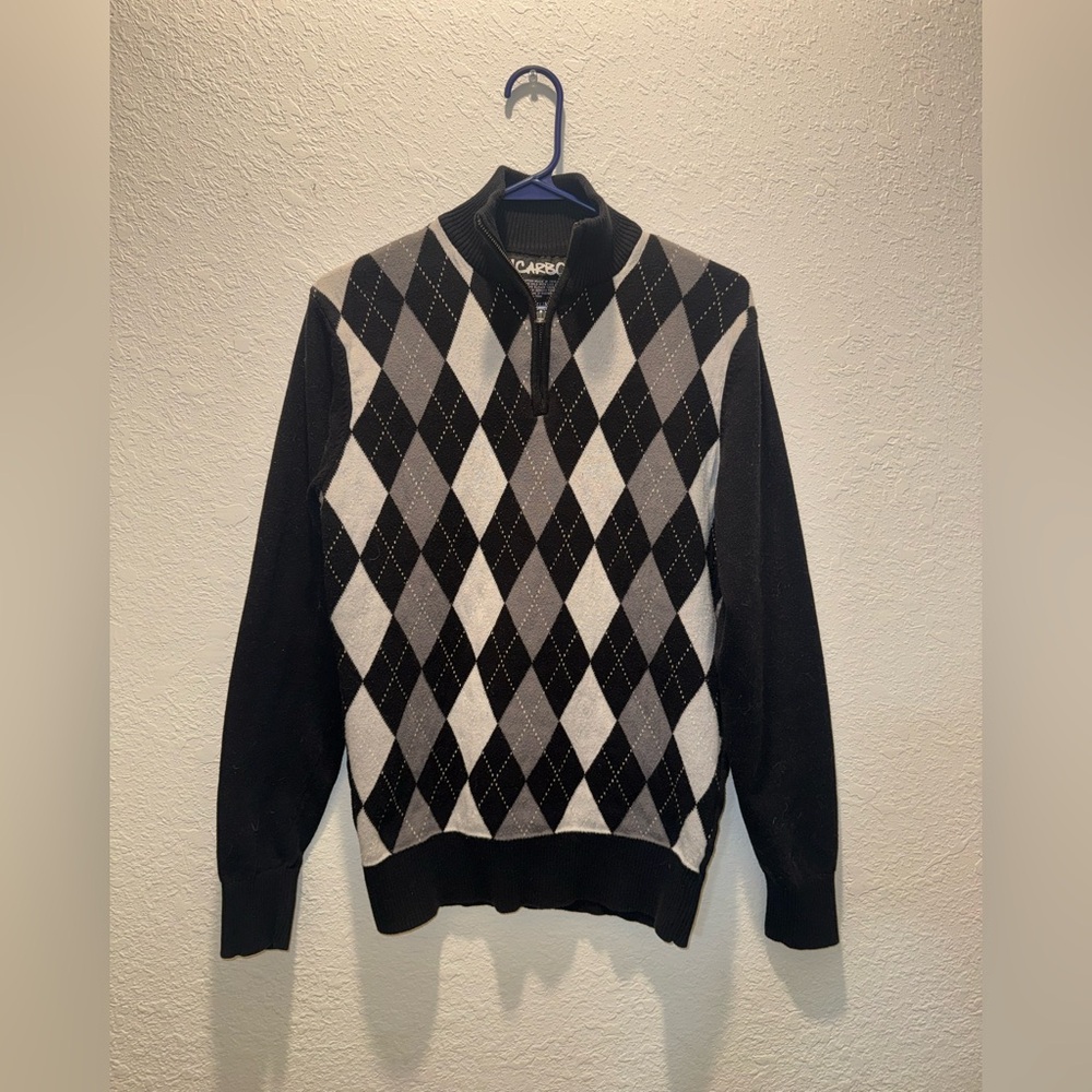 Carbon Black and White Argyle Zip-Up Sweater